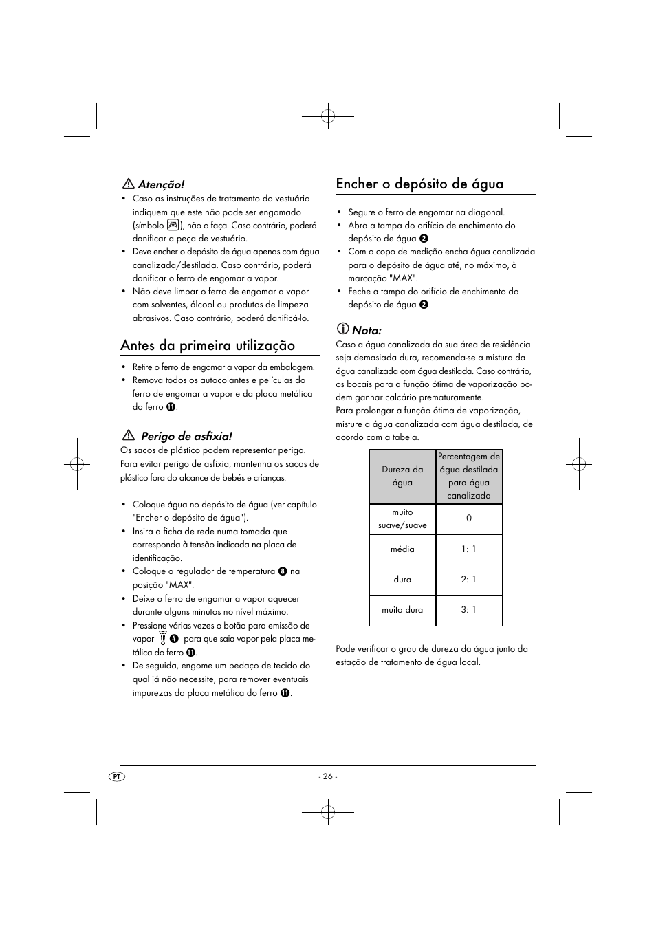 Antes da primeira utilização, Encher o depósito de água, Atenção | Perigo de asfixia, Nota | Silvercrest SDB 2200 C1 User Manual | Page 29 / 54