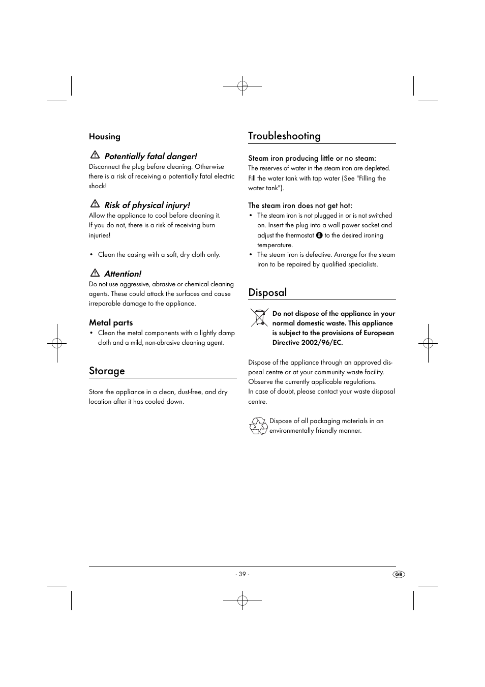 Storage, Troubleshooting, Disposal | Silvercrest SDB 2200 C1 User Manual | Page 42 / 54
