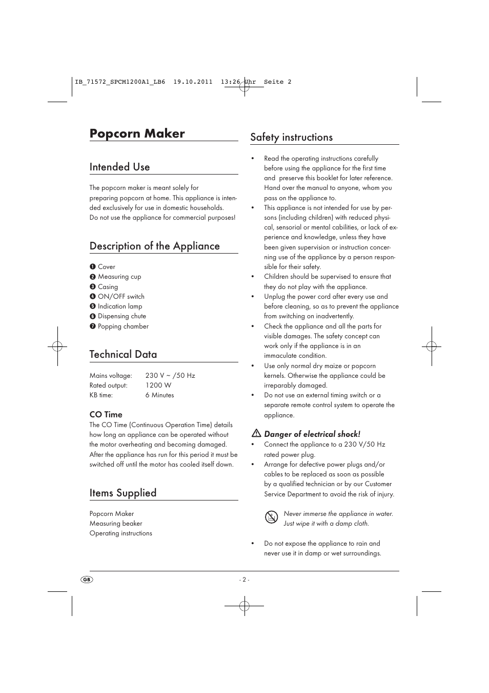 Popcorn maker, Intended use, Description of the appliance | Technical data, Items supplied, Safety instructions | Silvercrest SPCM 1200 A1 User Manual | Page 4 / 11