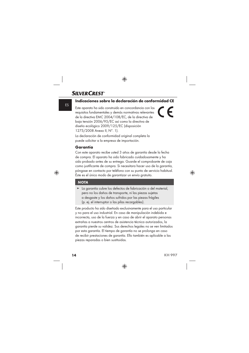 Garantía | Silvercrest KH 997 User Manual | Page 16 / 74