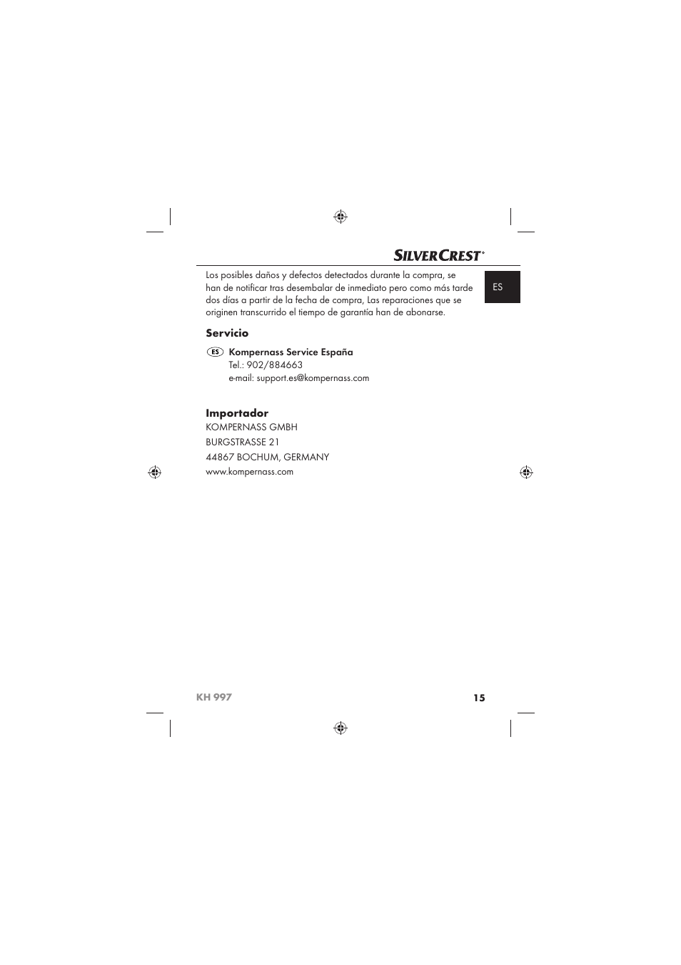 Servicio, Importador | Silvercrest KH 997 User Manual | Page 17 / 74
