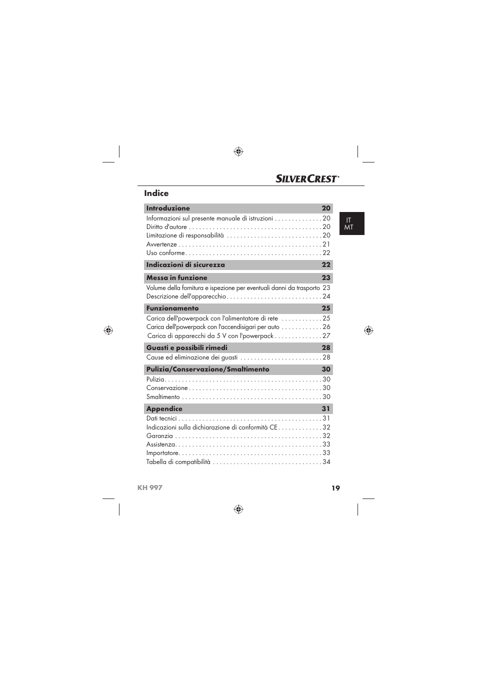 Indice | Silvercrest KH 997 User Manual | Page 21 / 74