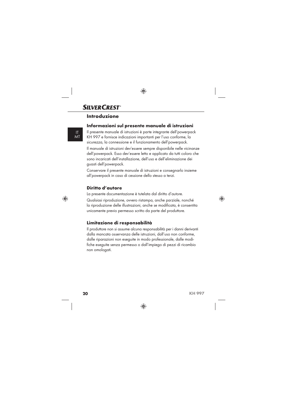 Introduzione, Informazioni sul presente manuale di istruzioni, Diritto d’autore | Limitazione di responsabilità | Silvercrest KH 997 User Manual | Page 22 / 74