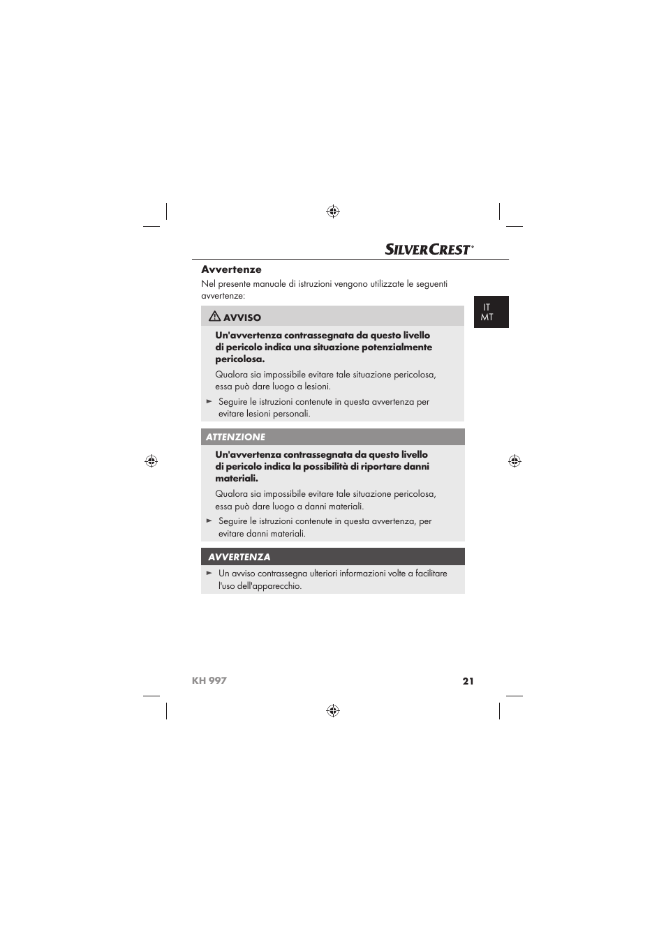 Avvertenze | Silvercrest KH 997 User Manual | Page 23 / 74