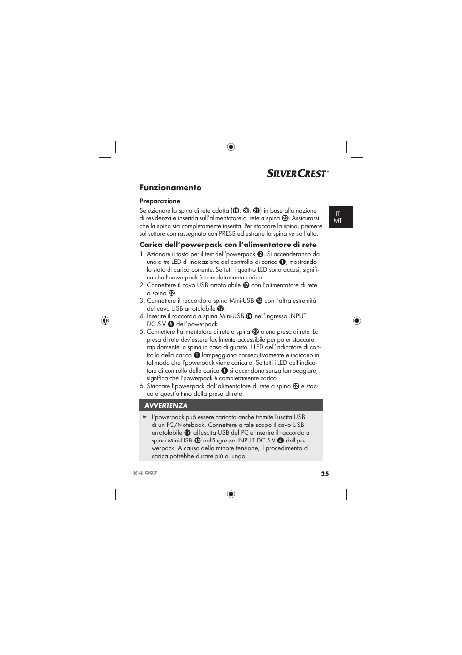Funzionamento, Carica dell’powerpack con l’alimentatore di rete | Silvercrest KH 997 User Manual | Page 27 / 74