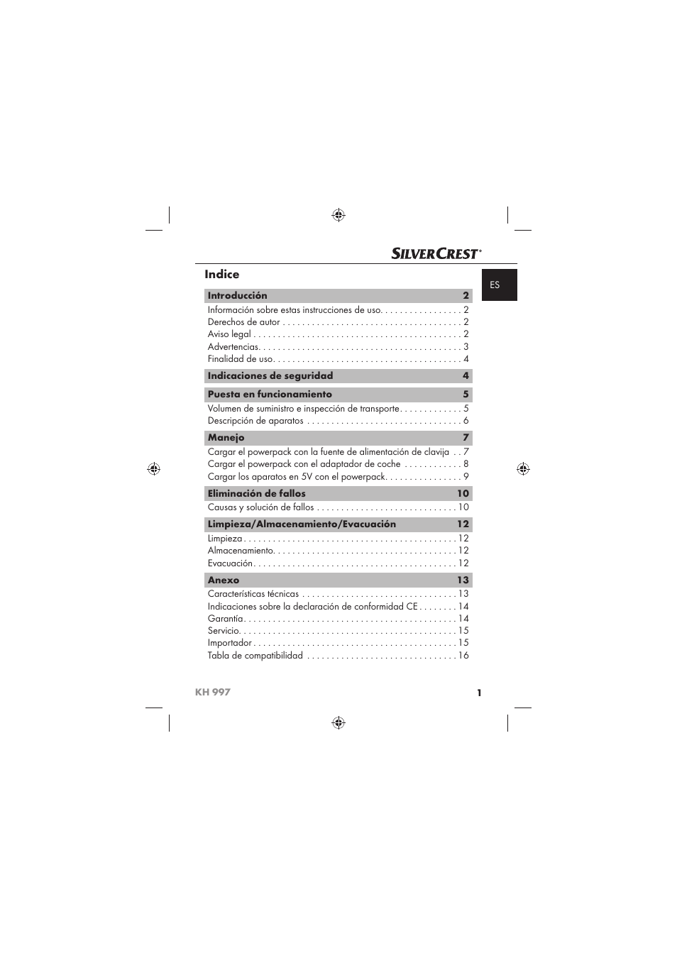 Indice | Silvercrest KH 997 User Manual | Page 3 / 74