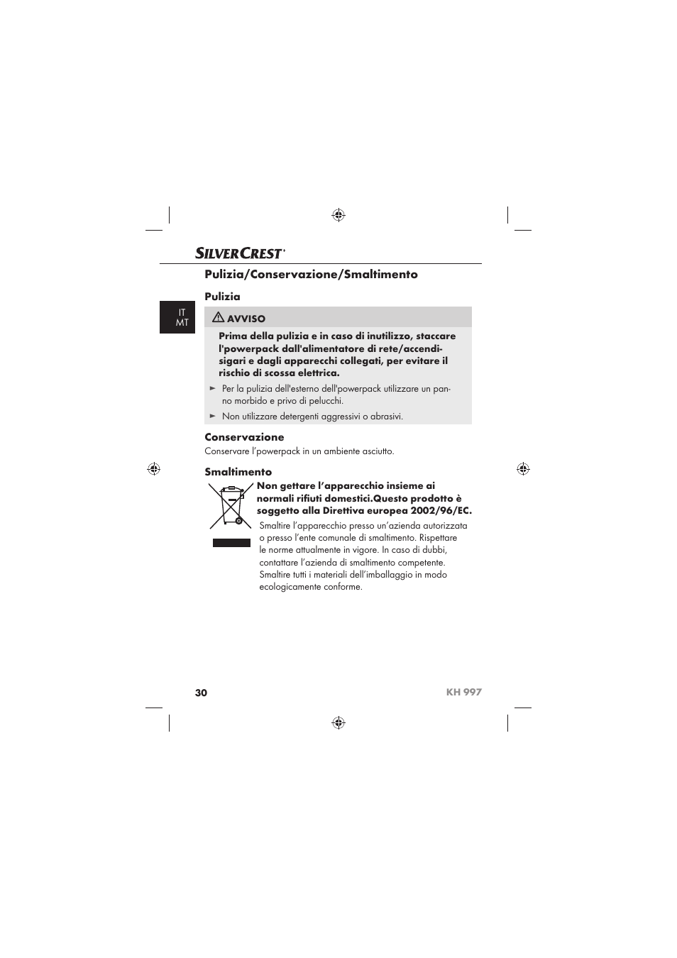 Pulizia/conservazione/smaltimento, Pulizia, Conservazione | Smaltimento | Silvercrest KH 997 User Manual | Page 32 / 74