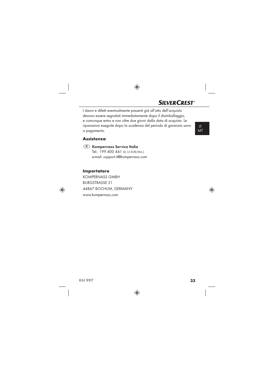 Assistenza, Importatore | Silvercrest KH 997 User Manual | Page 35 / 74