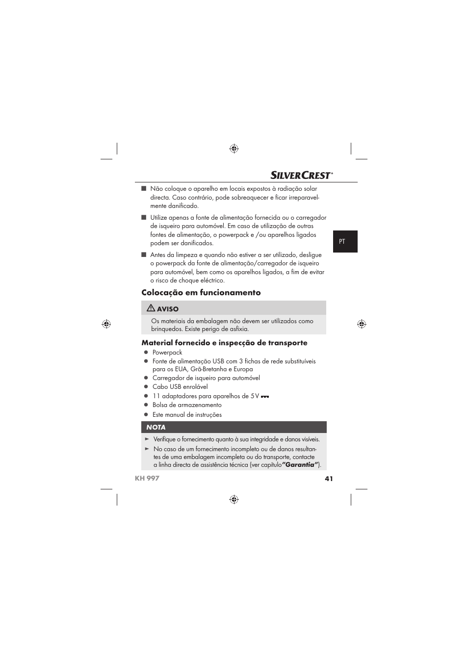 Colocação em funcionamento, Material fornecido e inspecção de transporte | Silvercrest KH 997 User Manual | Page 43 / 74