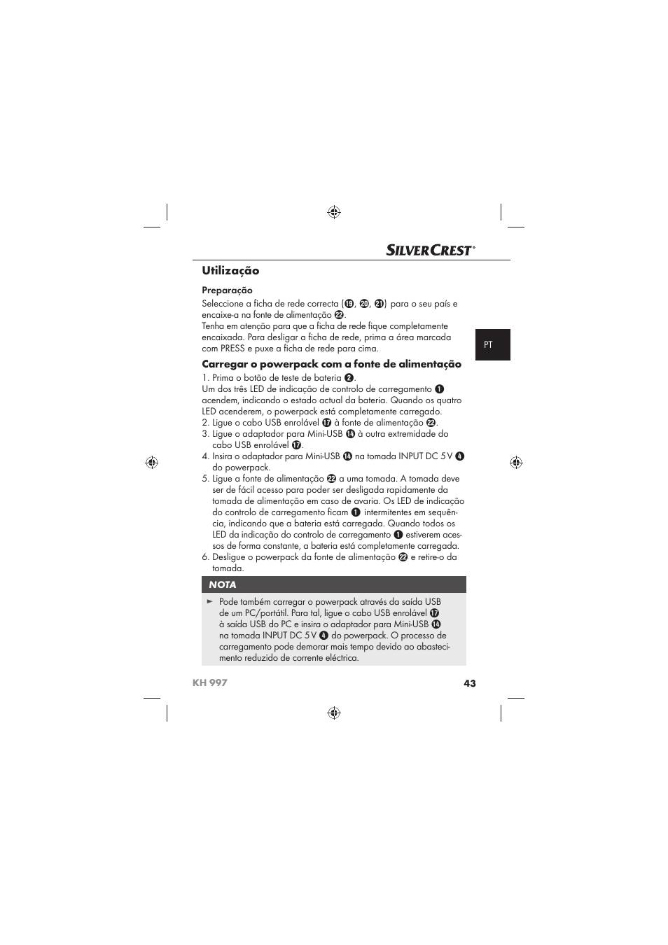 Utilização, Carregar o powerpack com a fonte de alimentação | Silvercrest KH 997 User Manual | Page 45 / 74