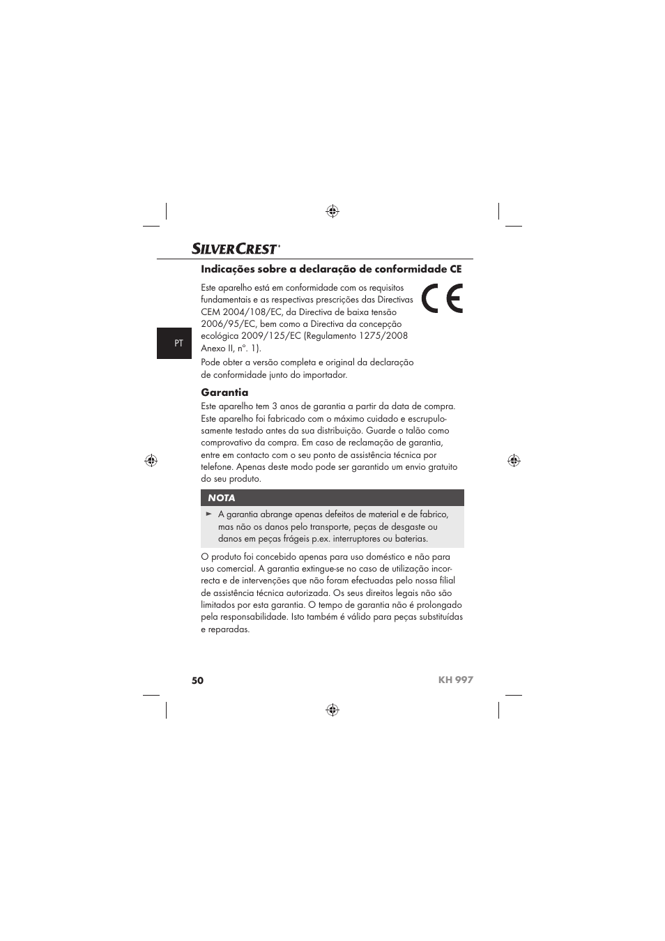 Indicações sobre a declaração de conformidade ce, Garantia | Silvercrest KH 997 User Manual | Page 52 / 74