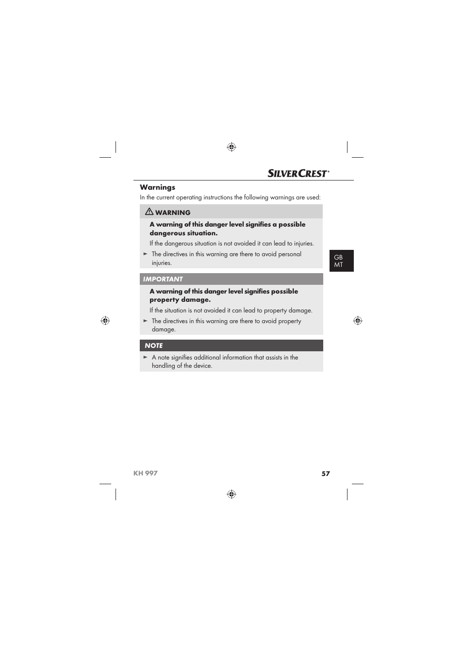 Warnings | Silvercrest KH 997 User Manual | Page 59 / 74