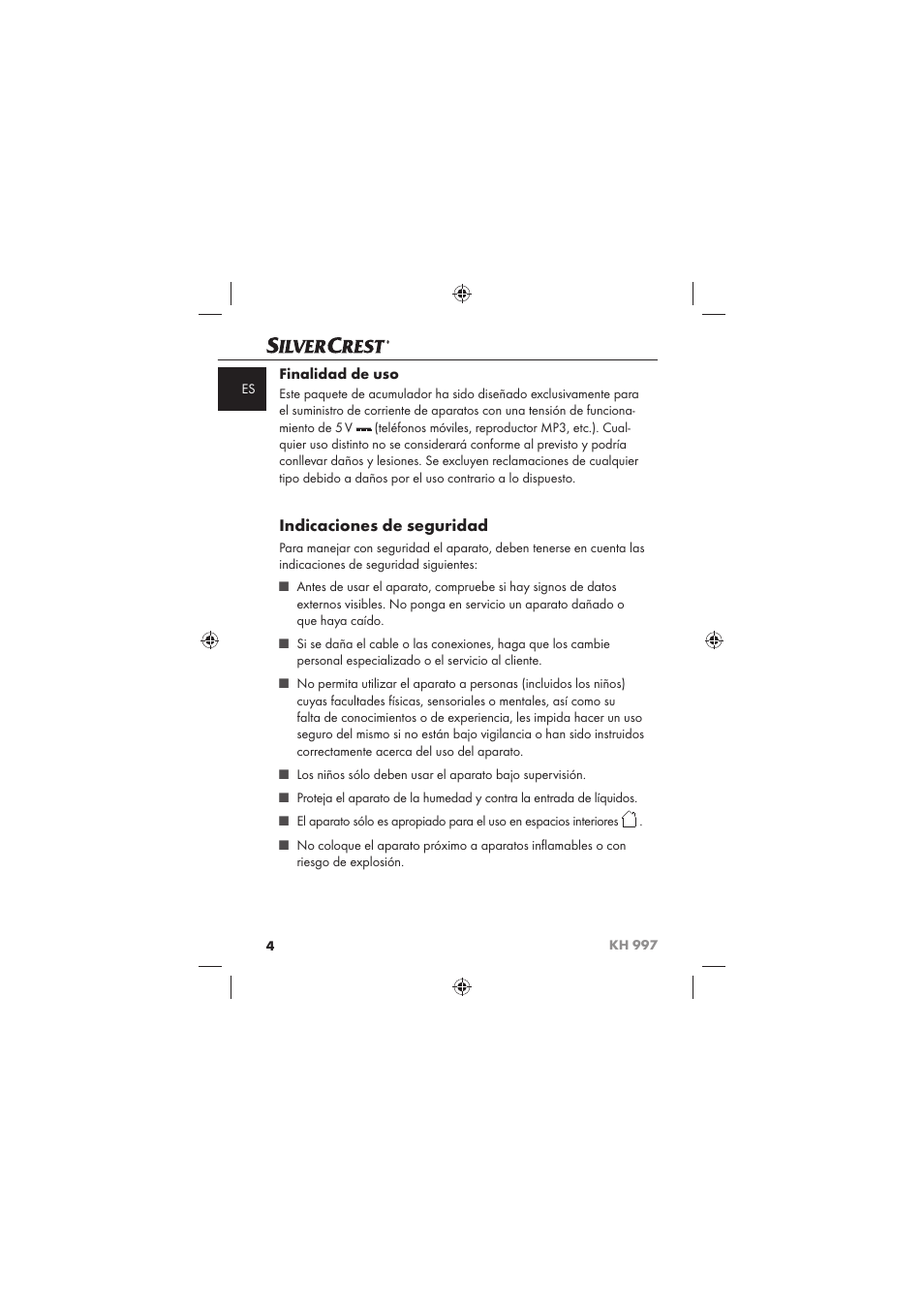 Indicaciones de seguridad, Finalidad de uso | Silvercrest KH 997 User Manual | Page 6 / 74