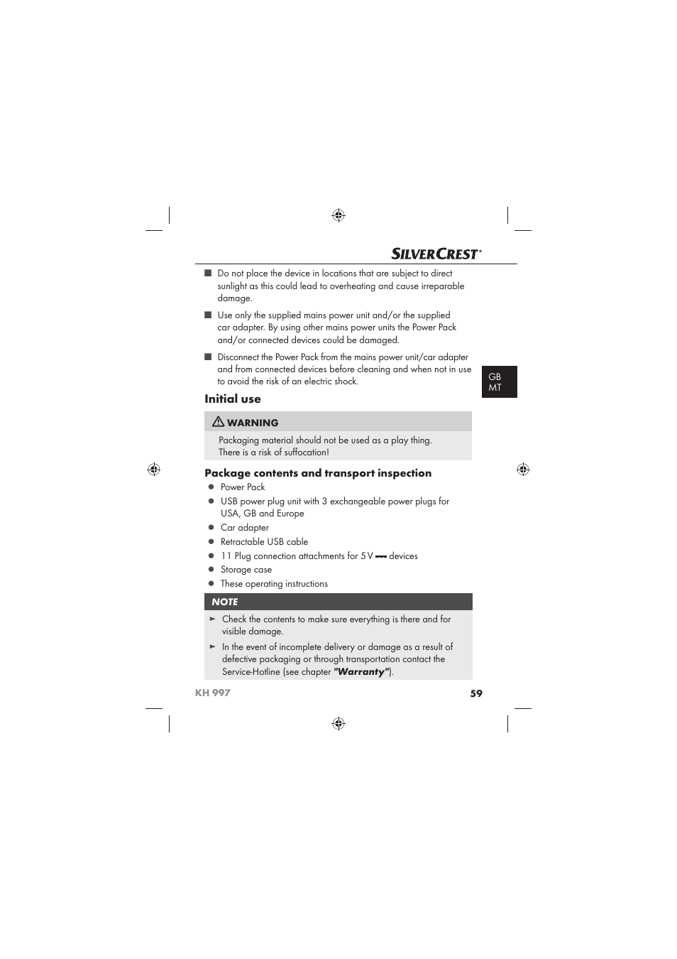 Initial use, Package contents and transport inspection | Silvercrest KH 997 User Manual | Page 61 / 74