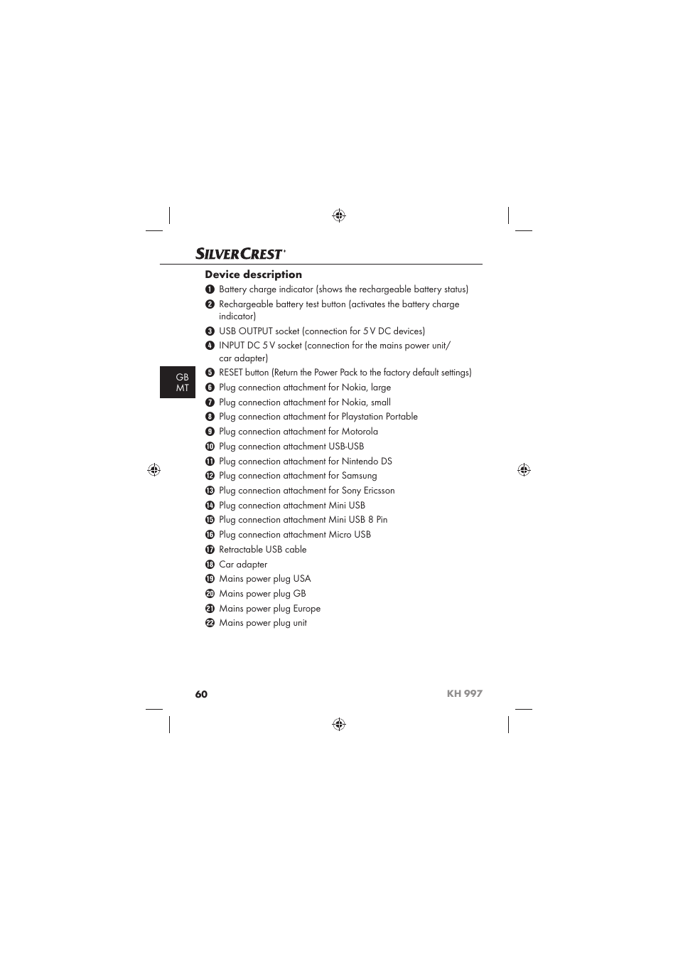 Device description | Silvercrest KH 997 User Manual | Page 62 / 74