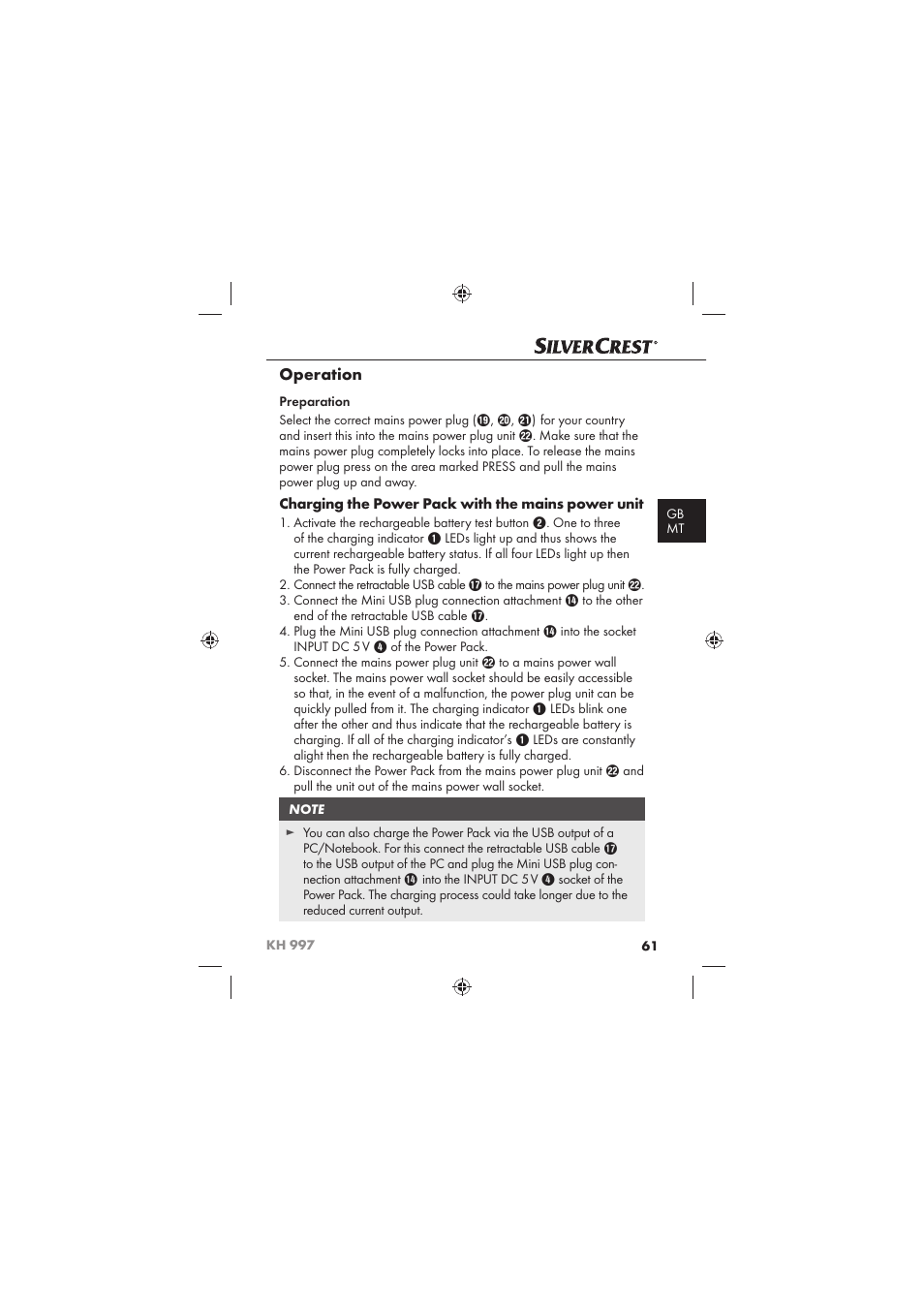 Operation, Charging the power pack with the mains power unit | Silvercrest KH 997 User Manual | Page 63 / 74