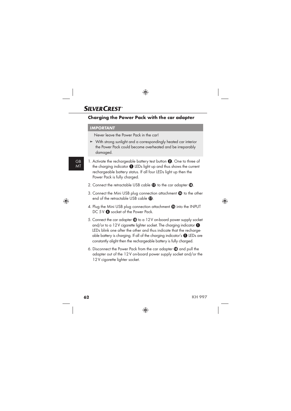 Charging the power pack with the car adapter | Silvercrest KH 997 User Manual | Page 64 / 74