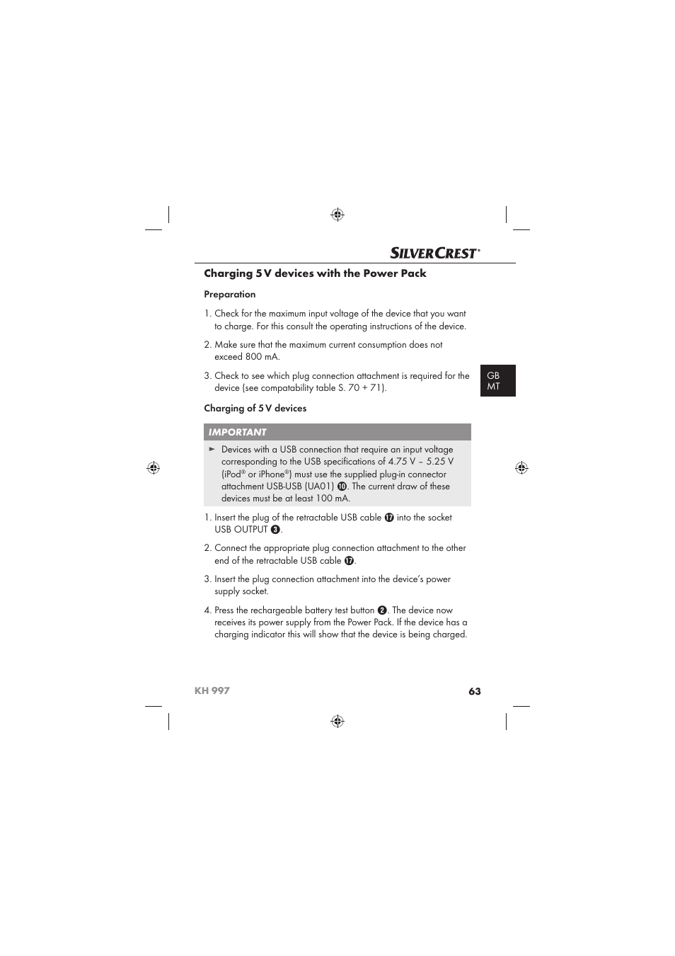 Charging 5, V devices with the power pack | Silvercrest KH 997 User Manual | Page 65 / 74