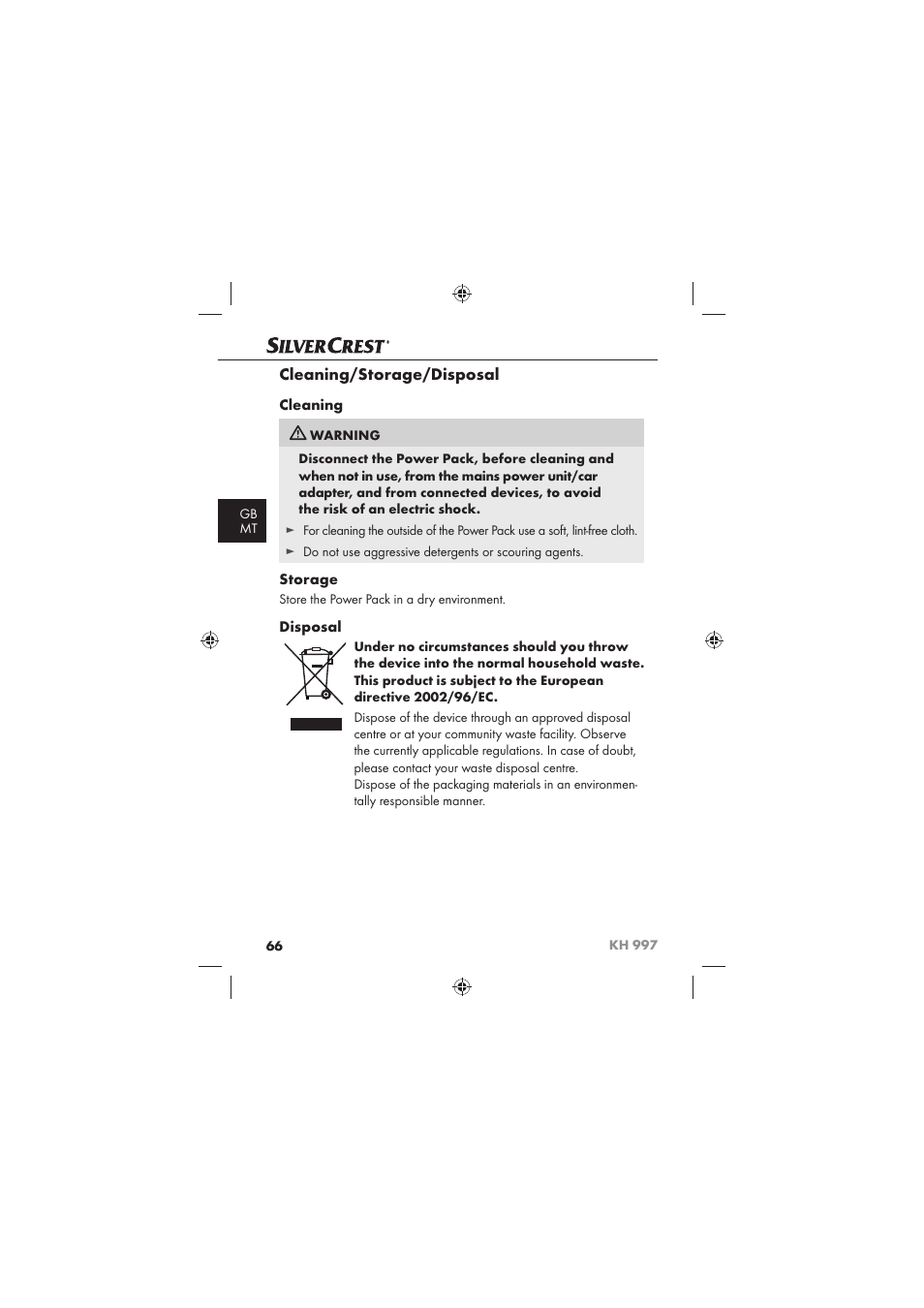 Cleaning/storage/disposal, Cleaning, Storage | Disposal | Silvercrest KH 997 User Manual | Page 68 / 74