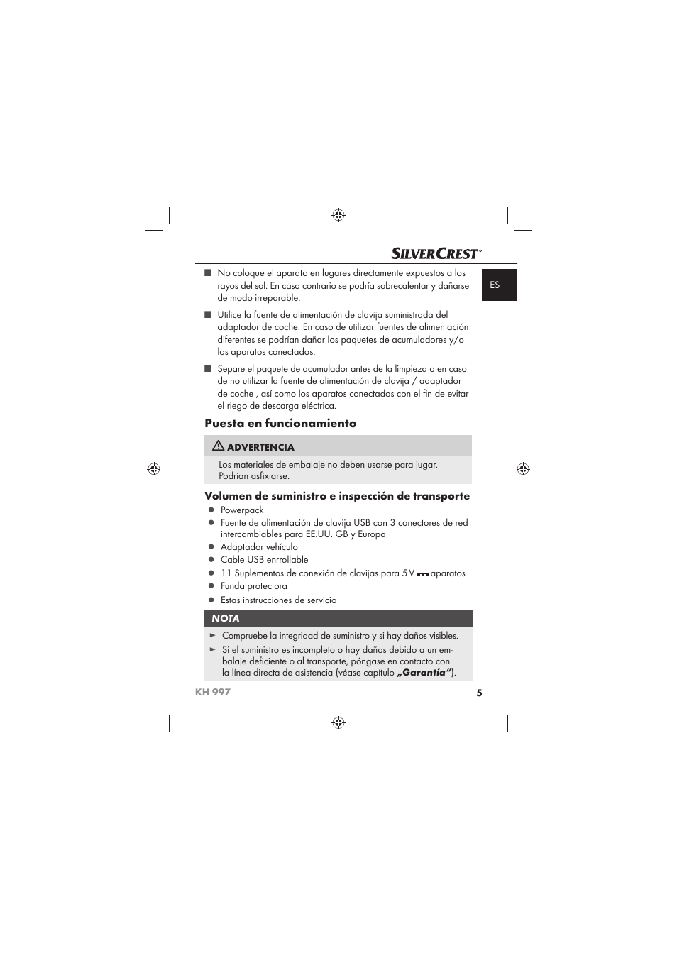 Puesta en funcionamiento, Volumen de suministro e inspección de transporte | Silvercrest KH 997 User Manual | Page 7 / 74