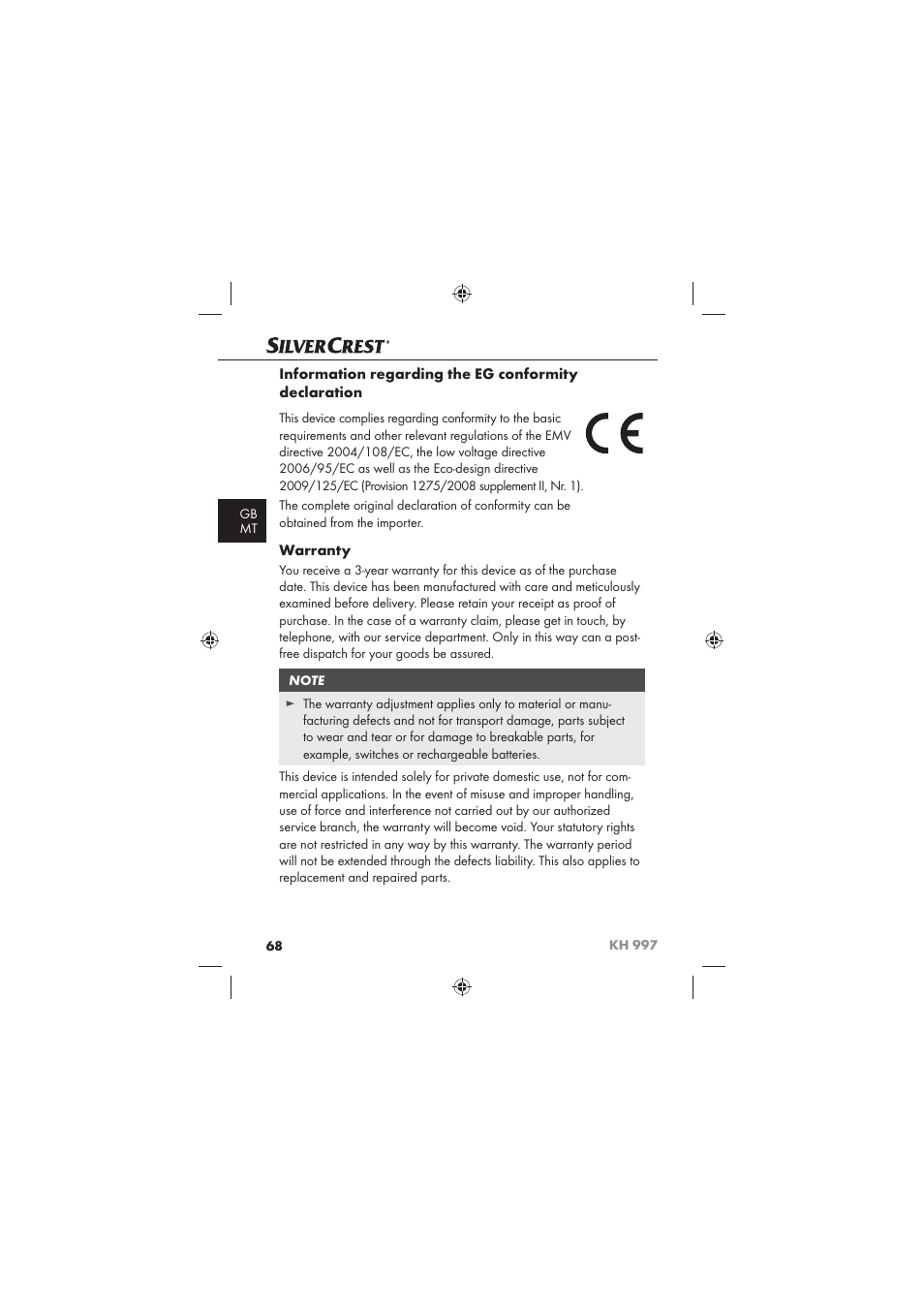 Warranty | Silvercrest KH 997 User Manual | Page 70 / 74
