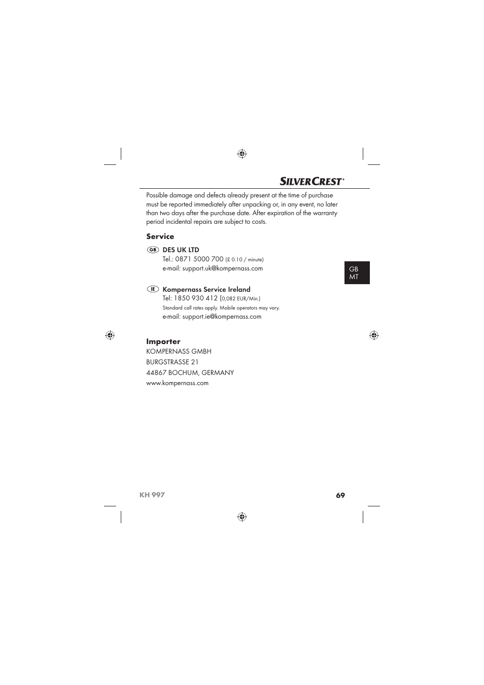 Service, Importer | Silvercrest KH 997 User Manual | Page 71 / 74
