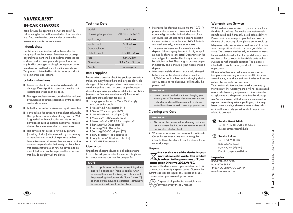 Silvercrest SLM 11 A1 User Manual | 4 pages