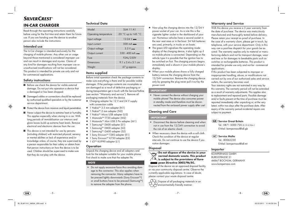 In-car charger | Silvercrest SLM 11 A1 User Manual | Page 4 / 4