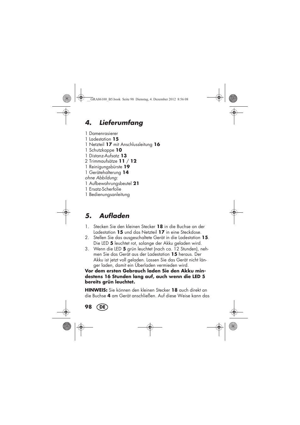 Lieferumfang, Aufladen | Silvercrest SDR 1000 A1 User Manual | Page 100 / 116