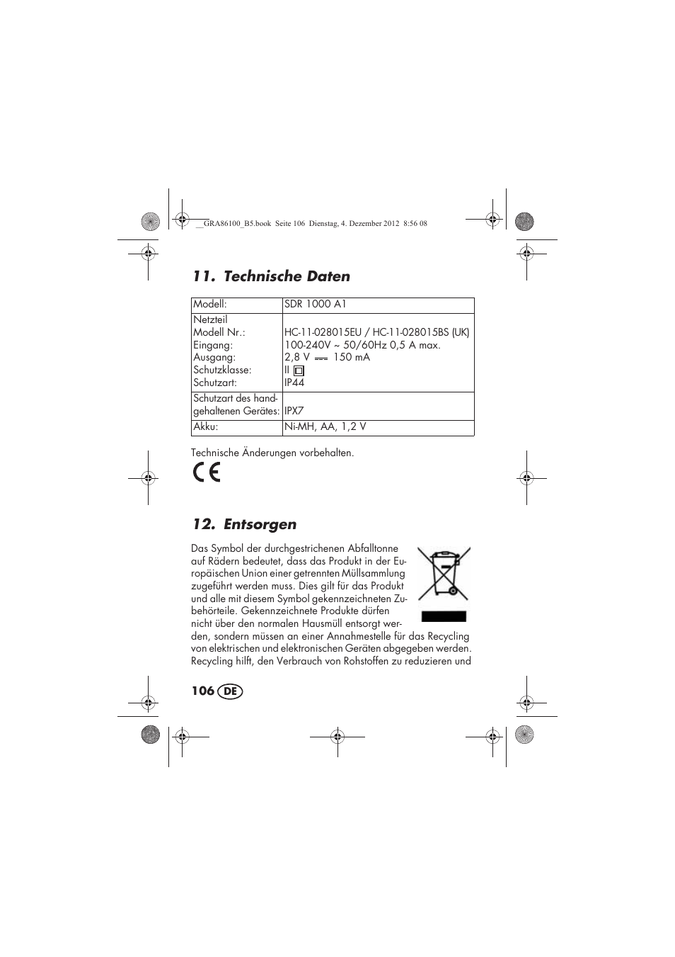 Technische daten, Entsorgen | Silvercrest SDR 1000 A1 User Manual | Page 108 / 116