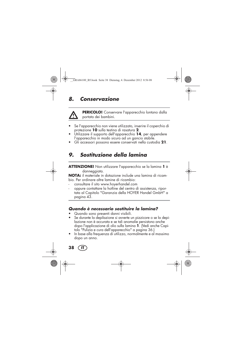 Conservazione, Sostituzione della lamina | Silvercrest SDR 1000 A1 User Manual | Page 40 / 116