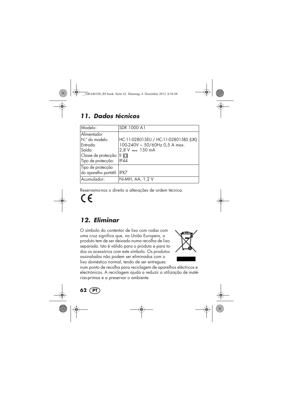 Dados técnicos, Eliminar | Silvercrest SDR 1000 A1 User Manual | Page 64 / 116