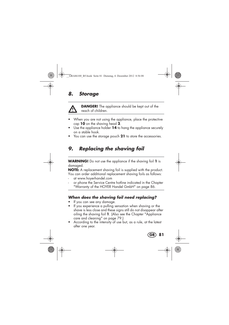 Storage, Replacing the shaving foil | Silvercrest SDR 1000 A1 User Manual | Page 83 / 116