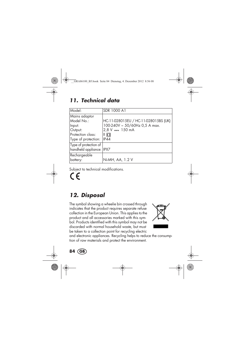 Technical data, Disposal | Silvercrest SDR 1000 A1 User Manual | Page 86 / 116