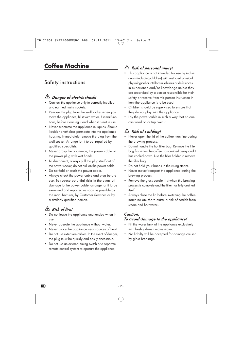 Coffee machine, Safety instructions, Danger of electric shock | Risk of fire, Risk of personal injury, Risk of scalding, Caution: to avoid damage to the appliance | Silvercrest SKAT 1000 EDS A1 User Manual | Page 4 / 15