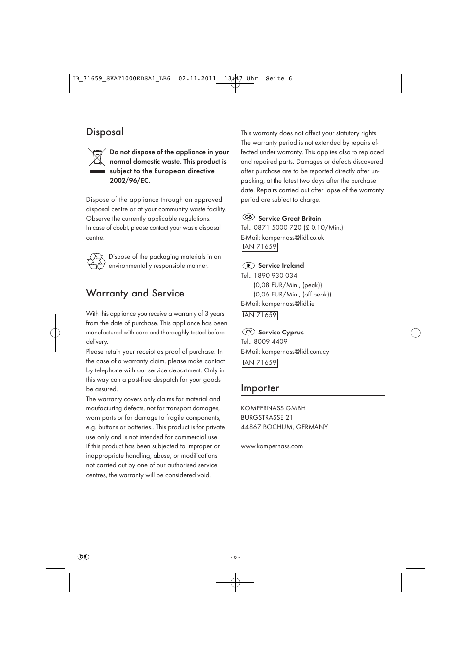 Disposal, Warranty and service, Importer | Silvercrest SKAT 1000 EDS A1 User Manual | Page 8 / 15