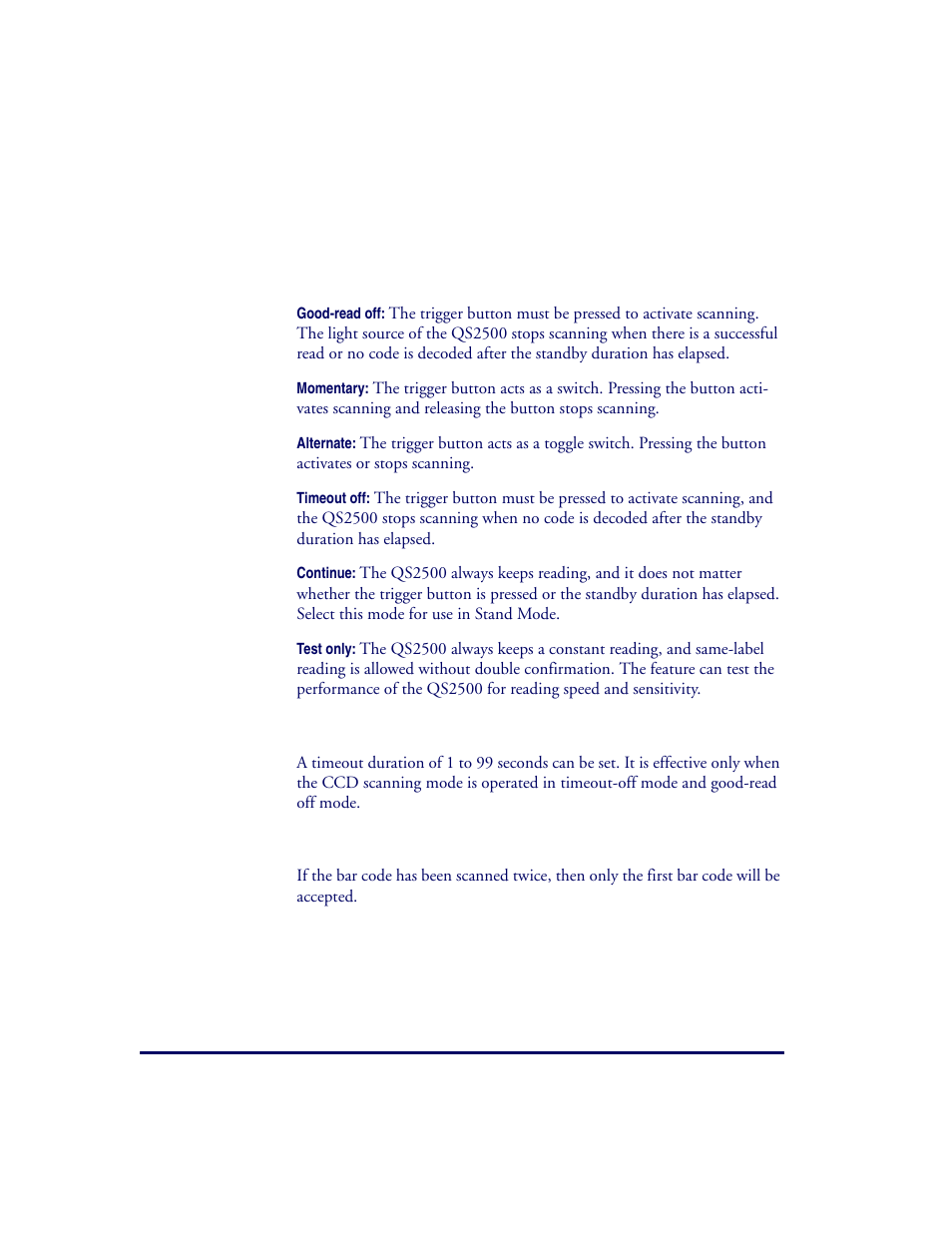 Scanning, Scanning mode, Standby duration | Same bar code delay time | Datalogic Scanning QUICKSCAN QS2500 User Manual | Page 20 / 76