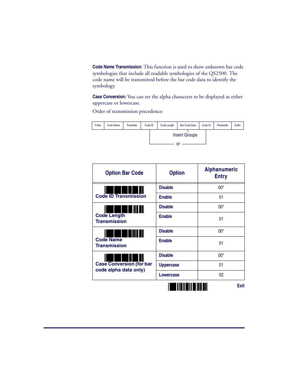 Option bar code option alphanumeric entry | Datalogic Scanning QUICKSCAN QS2500 User Manual | Page 30 / 76