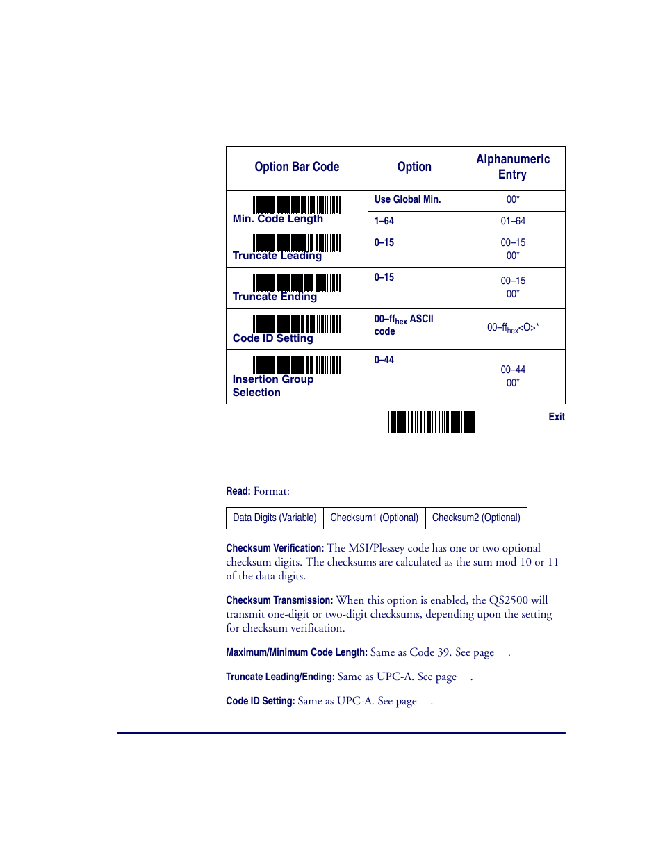 Msi/plessey | Datalogic Scanning QUICKSCAN QS2500 User Manual | Page 53 / 76