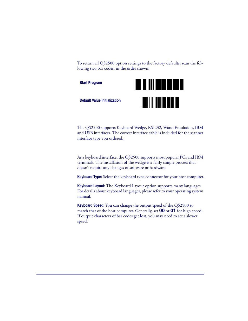 Resetting the qs2500, Interfaces, Keyboard wedge | Datalogic Scanning QUICKSCAN QS2500 User Manual | Page 8 / 76