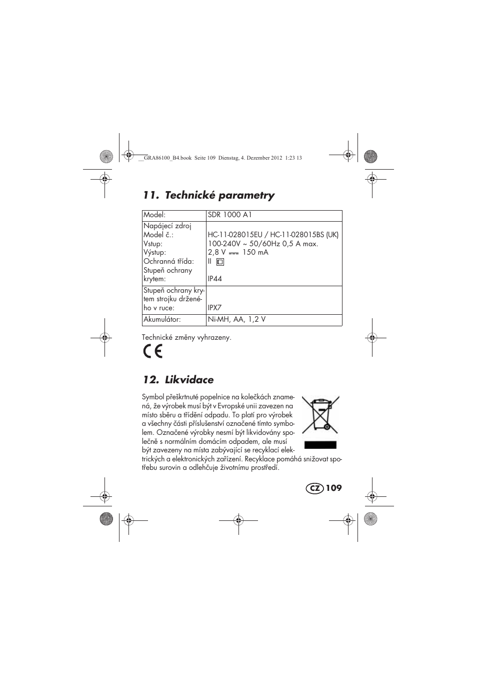 Technické parametry, Likvidace | Silvercrest SDR 1000 A1 User Manual | Page 111 / 160