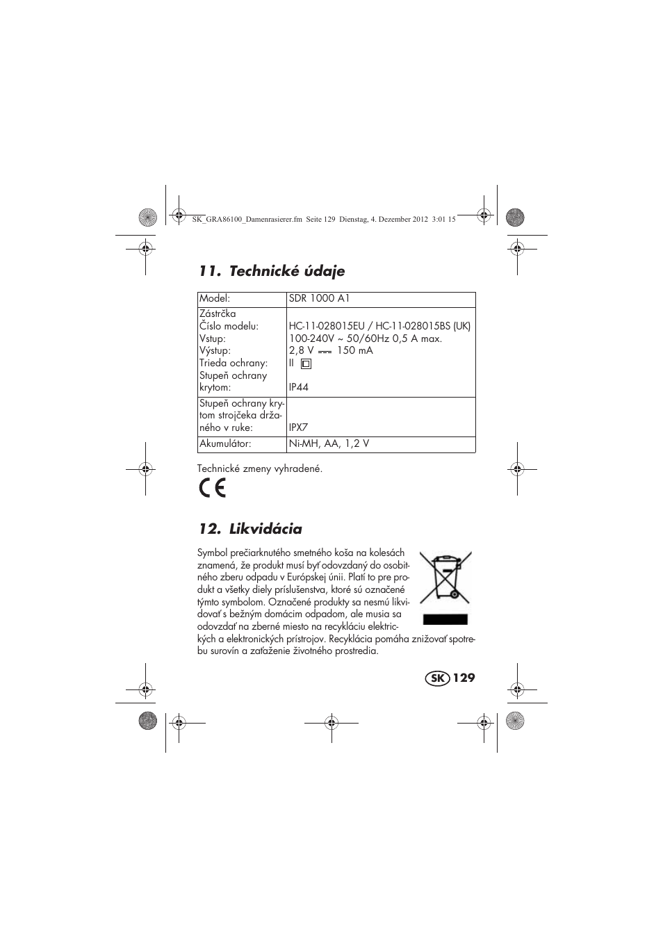 Technické údaje, Likvidácia | Silvercrest SDR 1000 A1 User Manual | Page 131 / 160