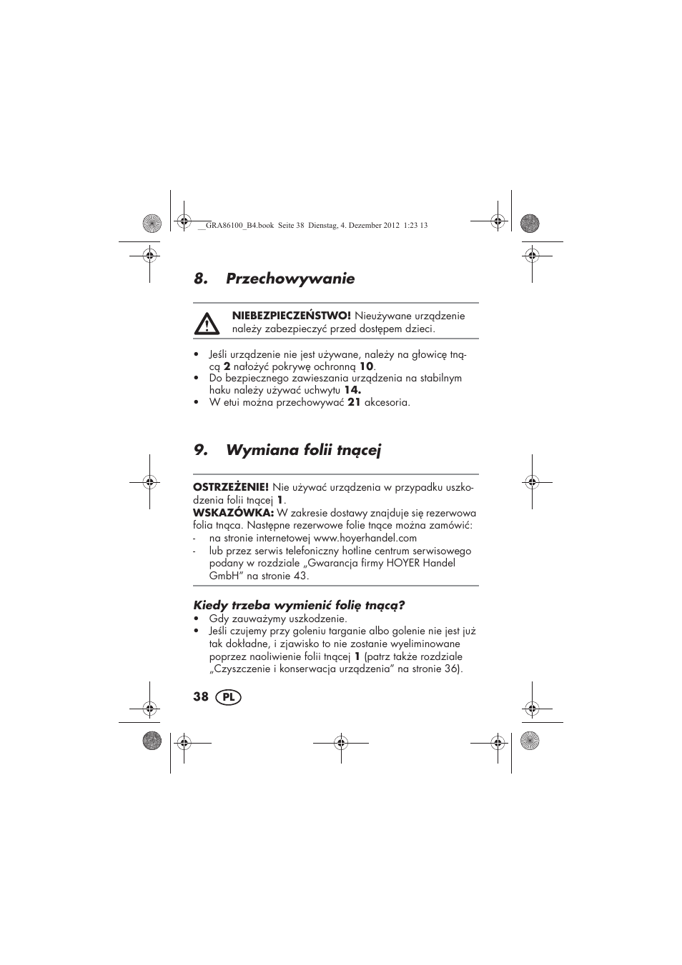 Przechowywanie, Wymiana folii tncej | Silvercrest SDR 1000 A1 User Manual | Page 40 / 160