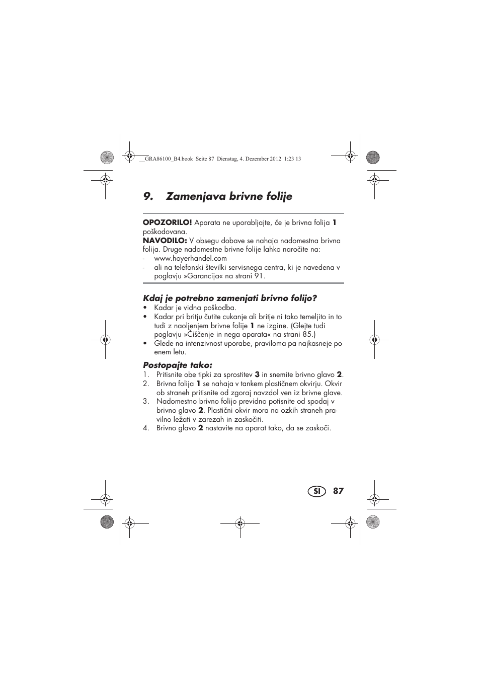 Zamenjava brivne folije | Silvercrest SDR 1000 A1 User Manual | Page 89 / 160