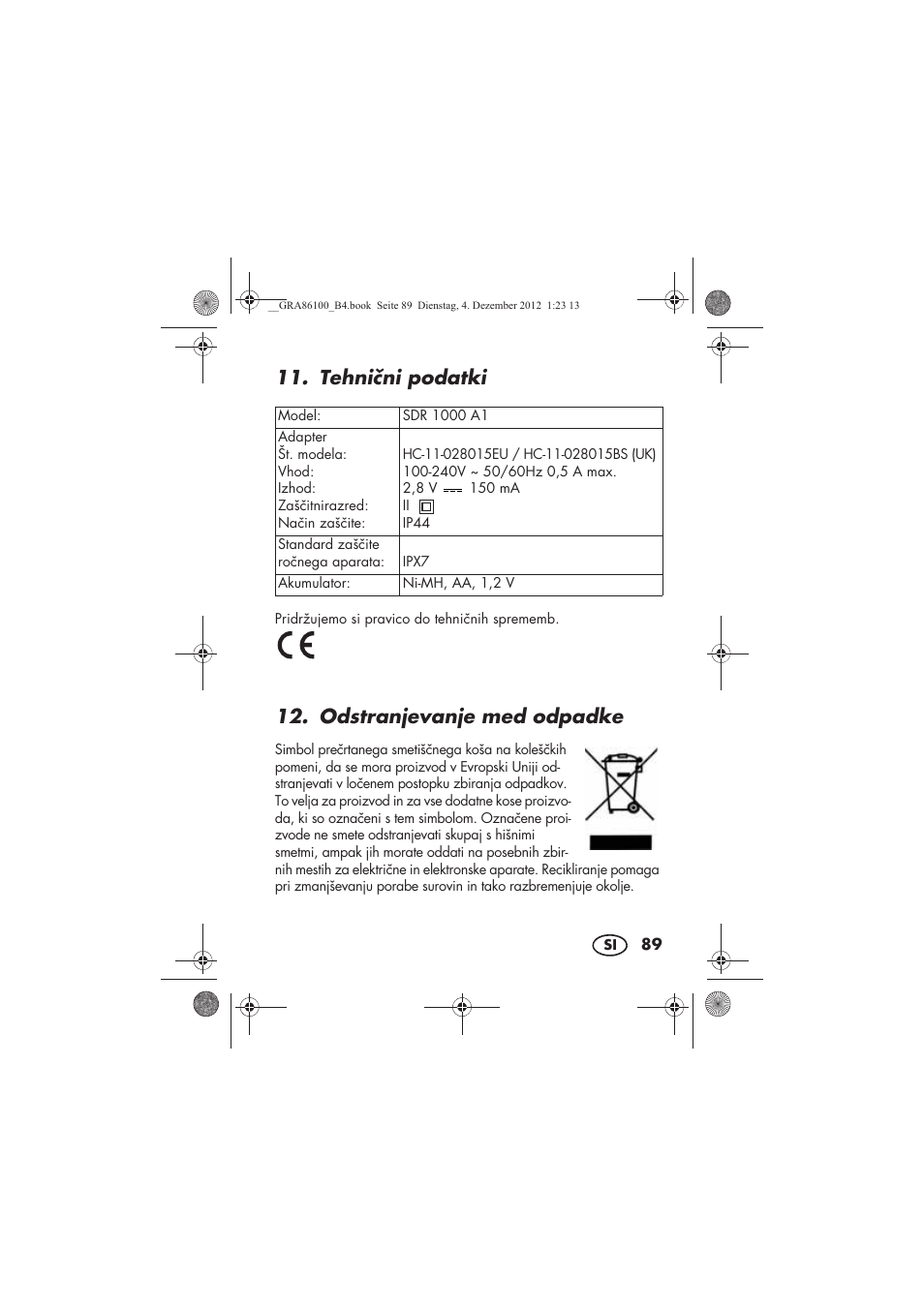 Tehnini podatki, Odstranjevanje med odpadke | Silvercrest SDR 1000 A1 User Manual | Page 91 / 160