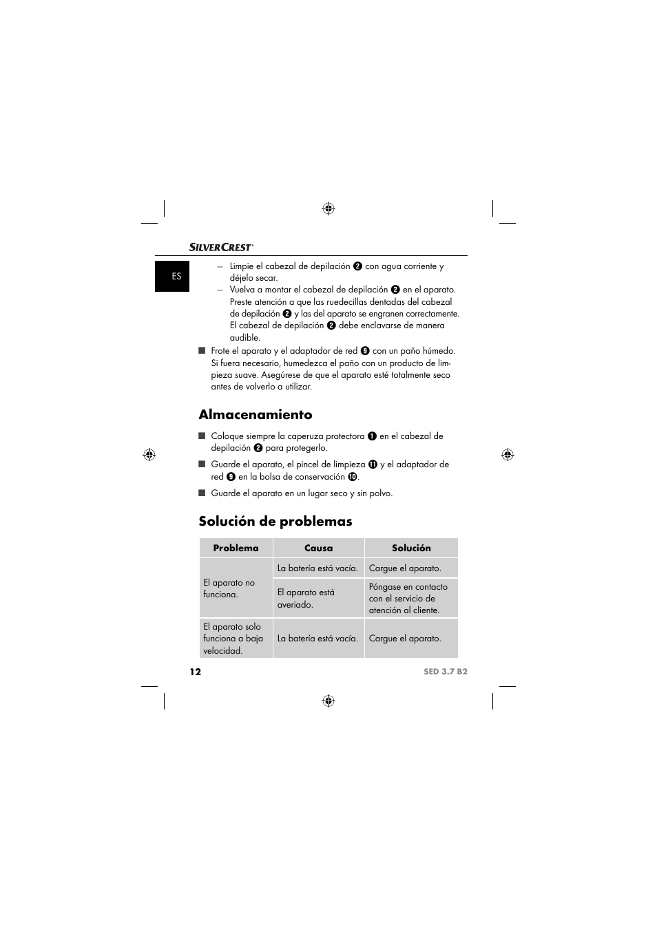 Almacenamiento, Solución de problemas | Silvercrest SED 3.7 B2 User Manual | Page 15 / 84