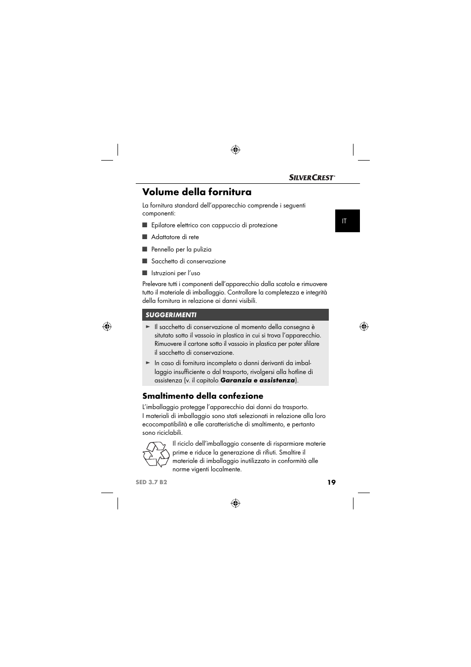 Volume della fornitura, Smaltimento della confezione | Silvercrest SED 3.7 B2 User Manual | Page 22 / 84