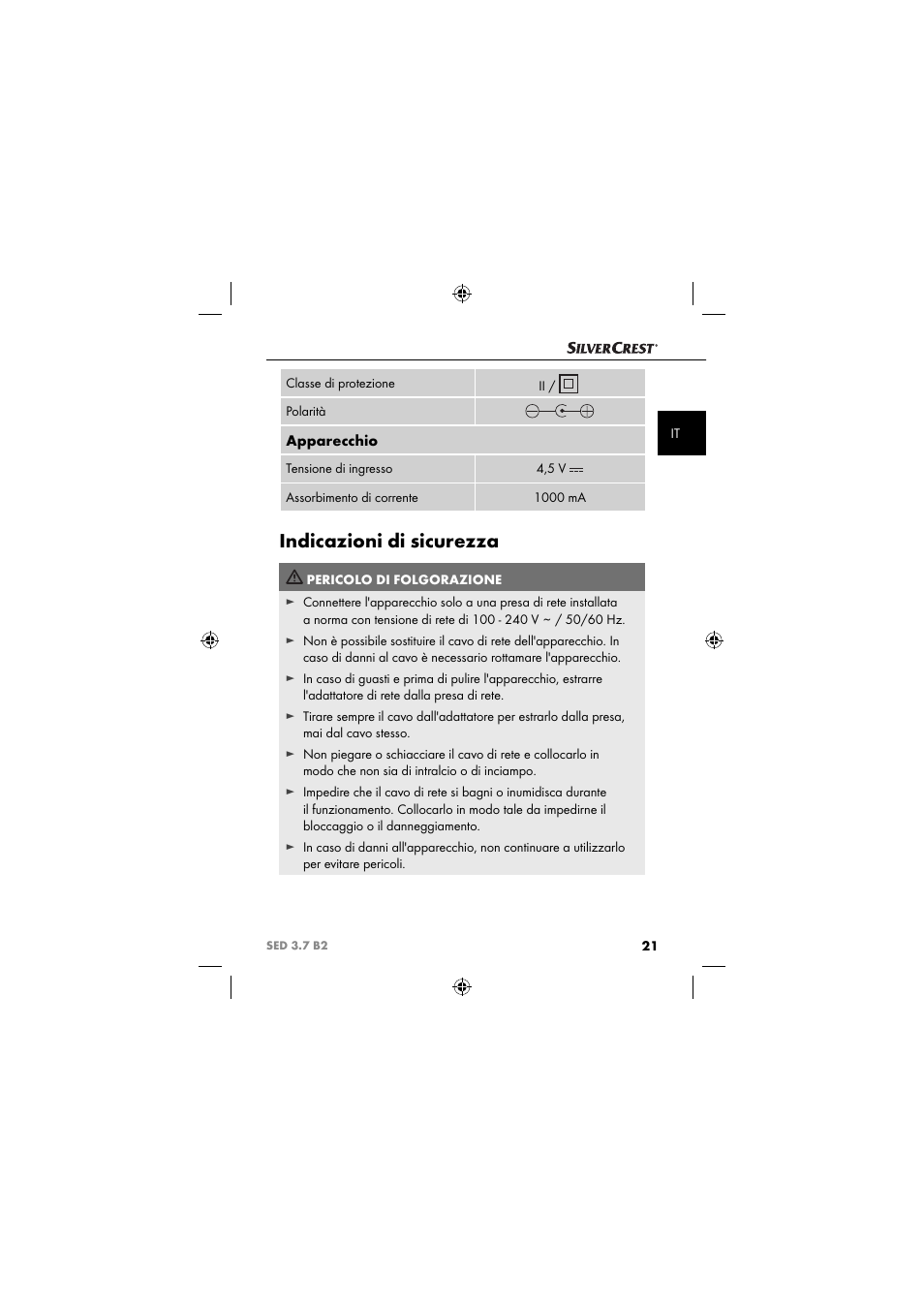 Indicazioni di sicurezza, Apparecchio | Silvercrest SED 3.7 B2 User Manual | Page 24 / 84