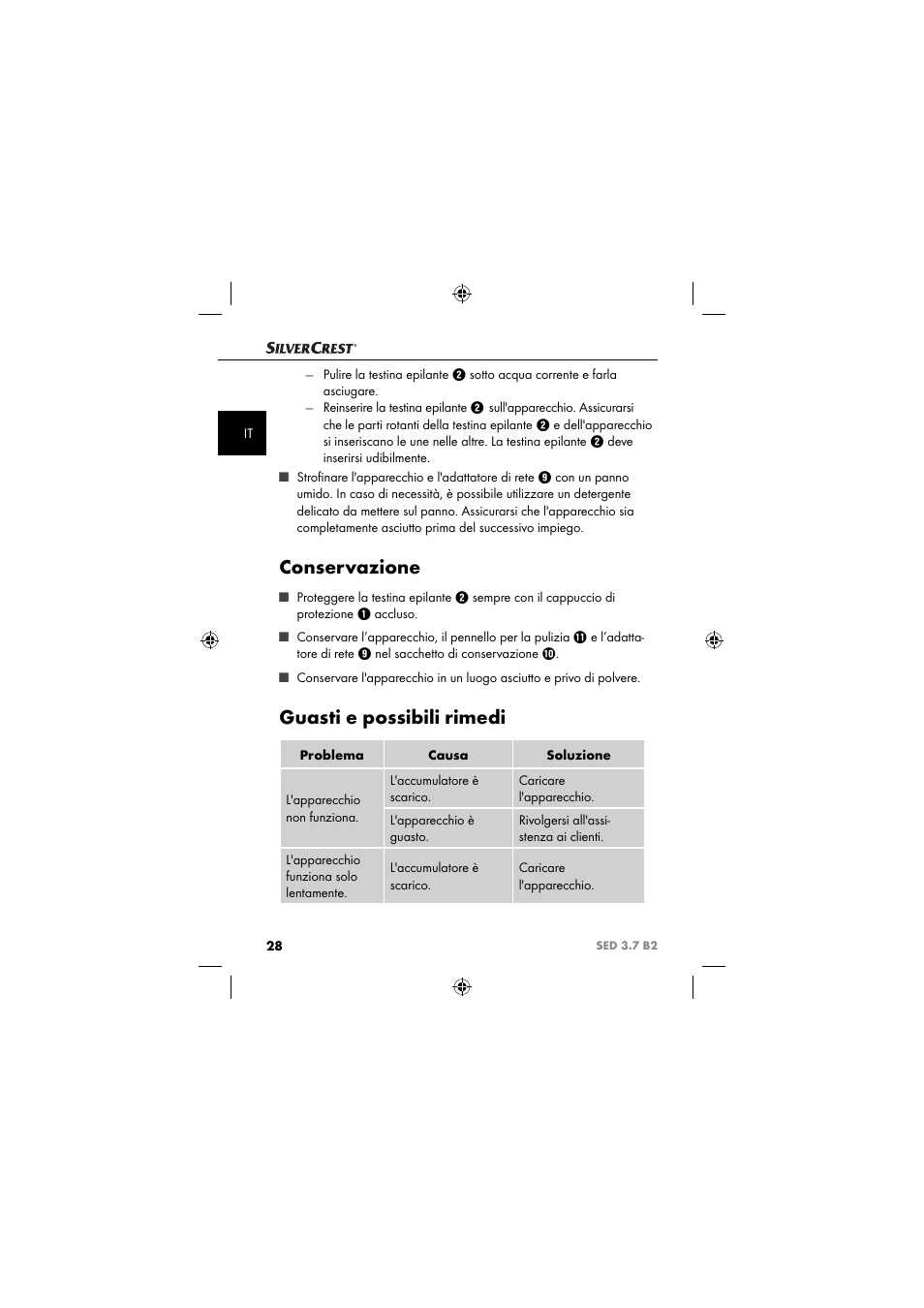 Conservazione, Guasti e possibili rimedi | Silvercrest SED 3.7 B2 User Manual | Page 31 / 84