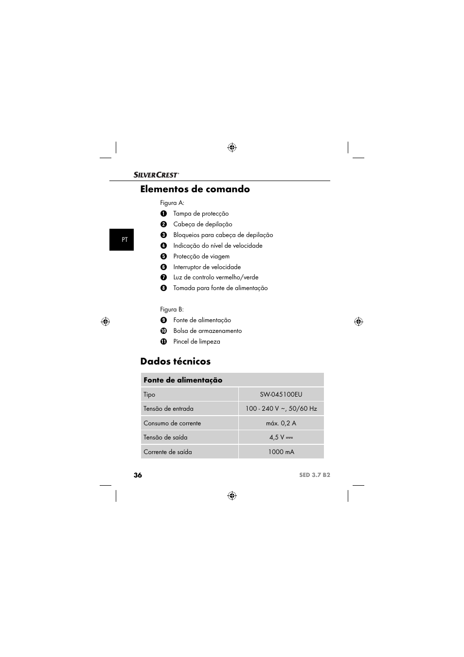 Elementos de comando, Dados técnicos, Fonte de alimentação | Silvercrest SED 3.7 B2 User Manual | Page 39 / 84